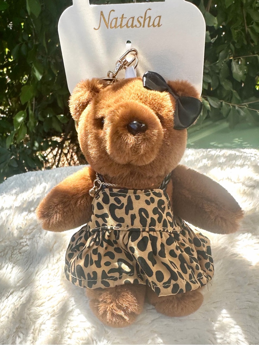 Bag Charm Teddy Bear Plush with Leopard Print dress, black bow & gold jewelry